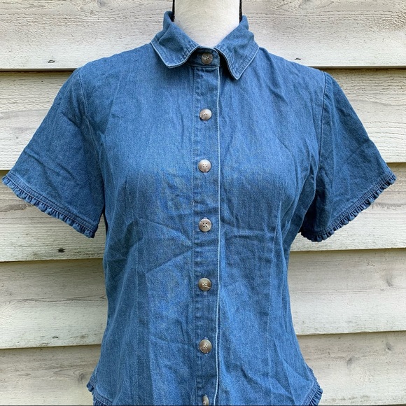True Vintage 70s Blue Cotton Denim Ruffled Trim Button Down Short Sleeve Blouse - Picture 9 of 16